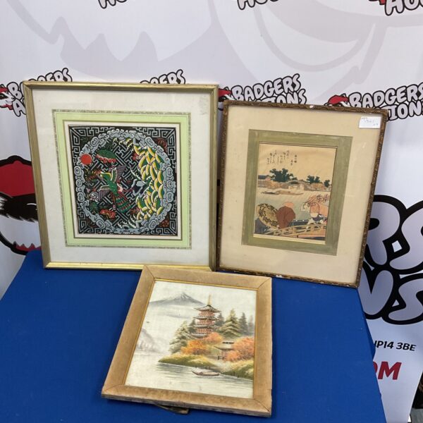 Vintage oriental temple artwork set with silk embroidery.