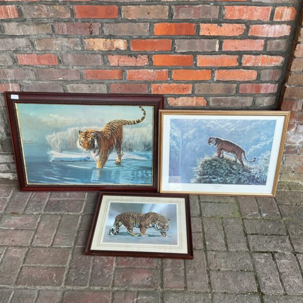 Framed tiger print depicting a tiger in a snowy landscape.