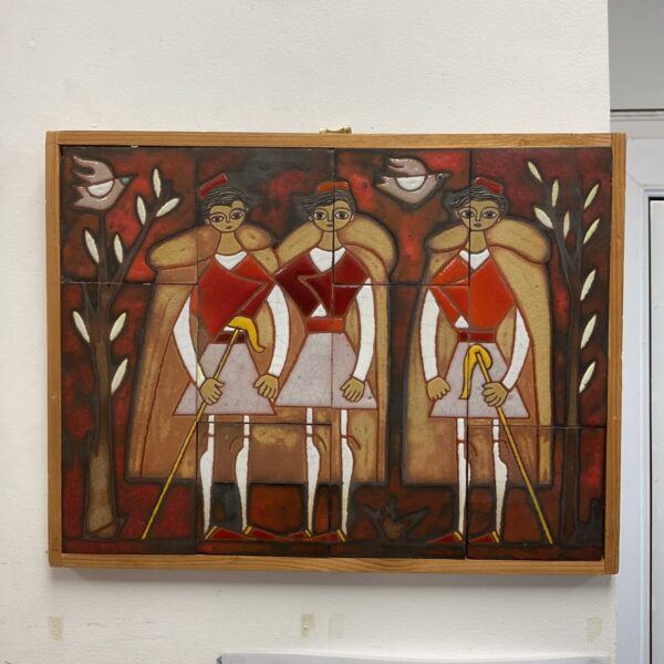Vintage Greek folk art tile plaque with colourful figures.
