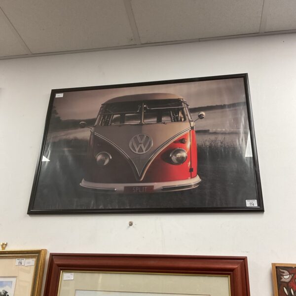 Large framed VW campervan print for vintage automotive wall decor.