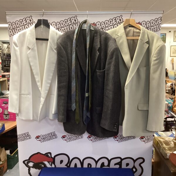 Vintage Harris Tweed jacket lot with ties and white jacket.