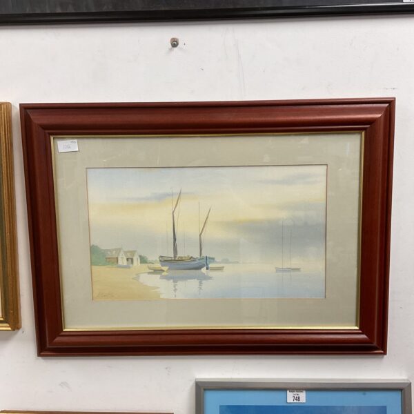Signed Nick Grant watercolour painting of sailboats in a harbour.