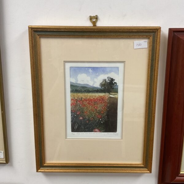 Signed limited edition Francis Shearing etching of a vibrant poppy field.