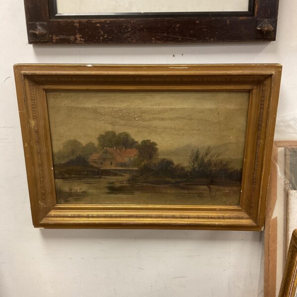 Victorian river landscape painting with farmhouse and trees.