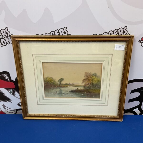 Hines watercolour painting of a river landscape with cattle and church.