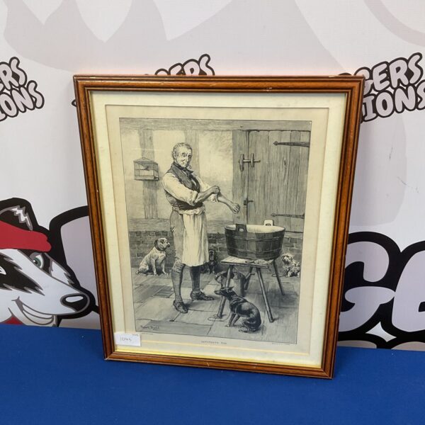 Victorian engraving of man bathing dogs, "Saturday's Tub" by W J Palmer.