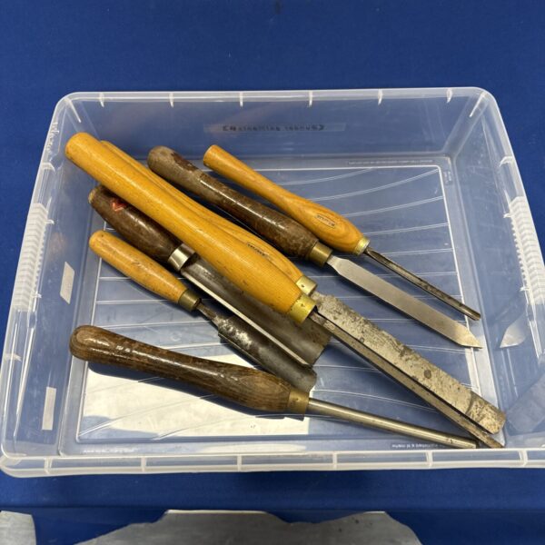 Vintage wood turning chisels including Marples lathe tools.