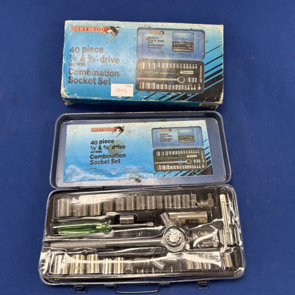 Vintage Swift 40-piece ratchet and socket set in original packaging.