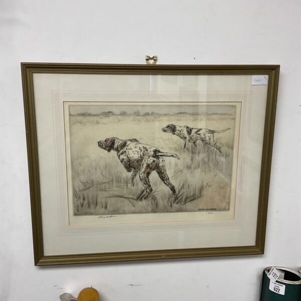 Signed Henry Wilkinson woodblock print of pointer dogs in a field.