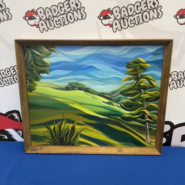 Vintage H E Coma oil painting of a rolling hill landscape.