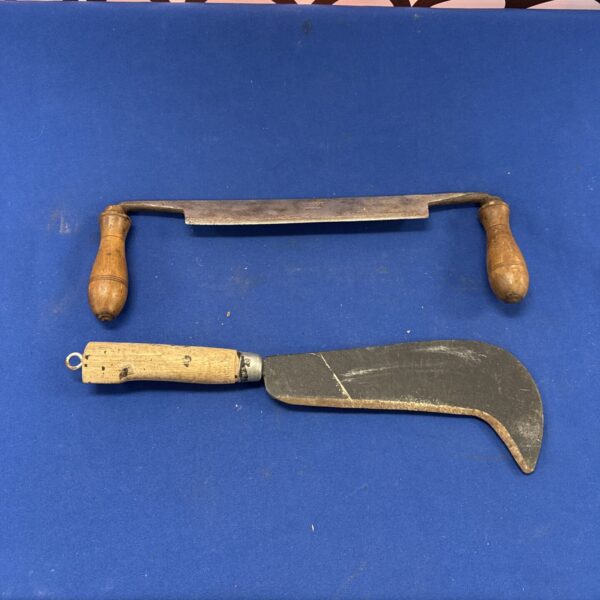 Vintage Sheffield draw knife with bill hook for woodworking.