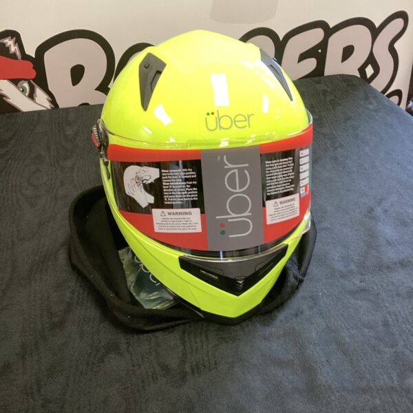 Bright yellow XXL Uber motorcycle helmet, new with tags.