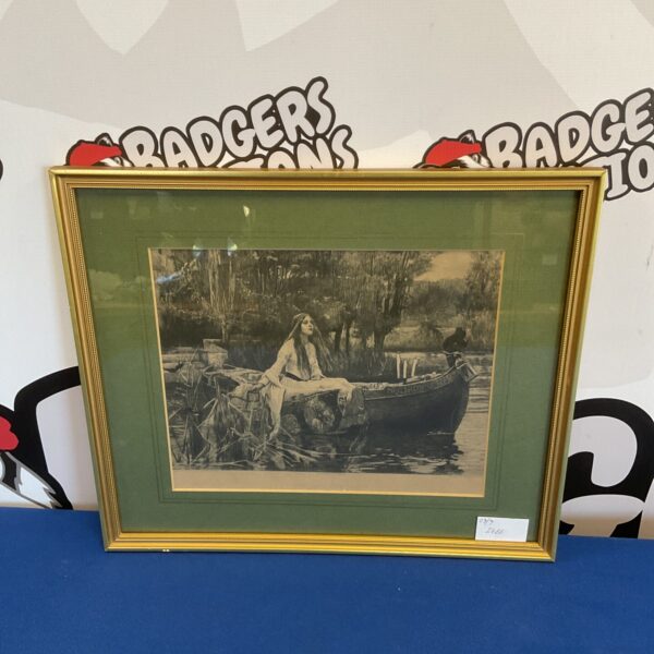 Antique etching of The Lady of Shalott by J.W. Waterhouse, Victorian art.