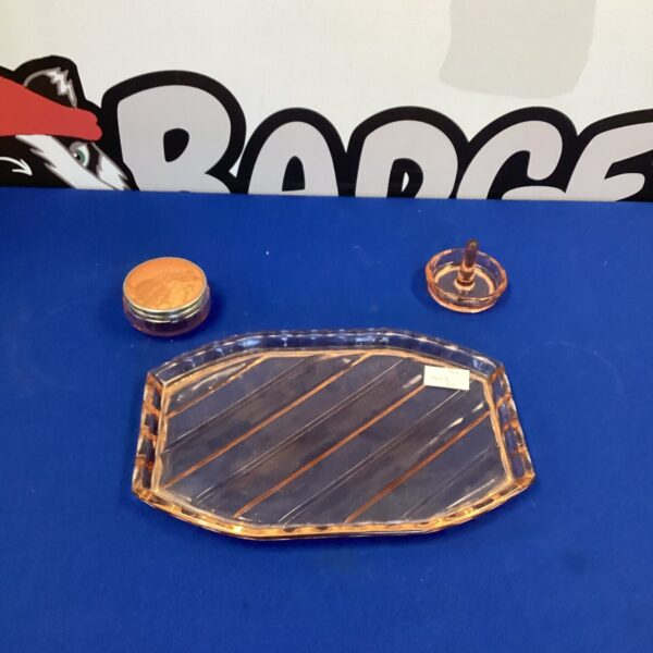 Vintage glass bedside tray with ring holder and trinket box.