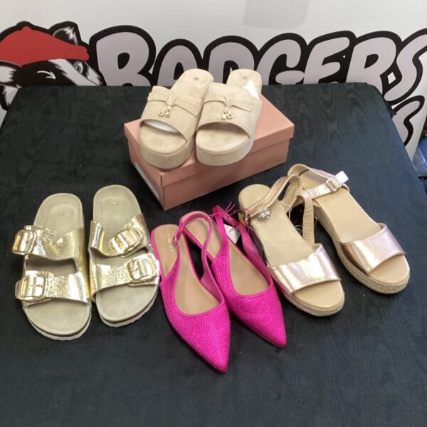Four pairs of ladies shoes, including Primark and Papaya brands.