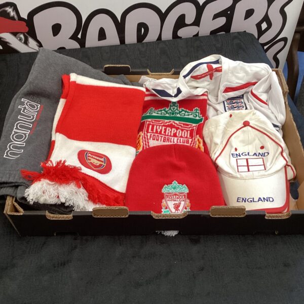 Collection of football scarves and tracksuit bottoms including Man United, Arsenal & England.