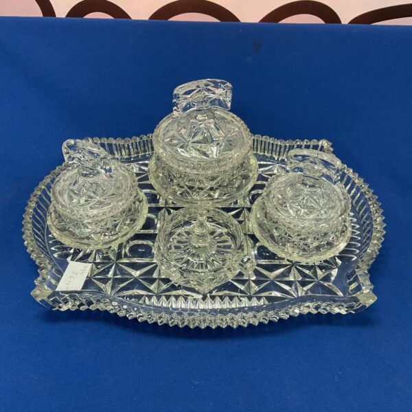 Vintage lead crystal dressing table set with ring holder and pots.