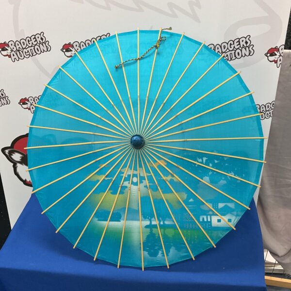 Vintage Chinese parasol with hand-painted silk panels.