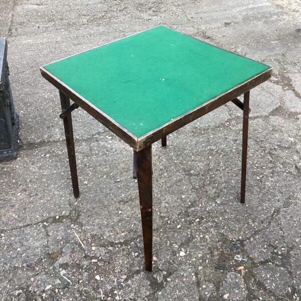 Vintage green fabric topped folding card table.