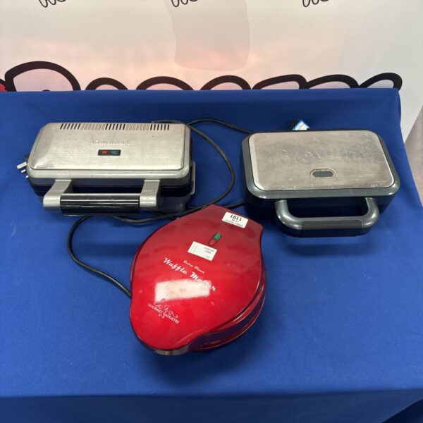 Front view of a silver Cuisinart waffle maker.