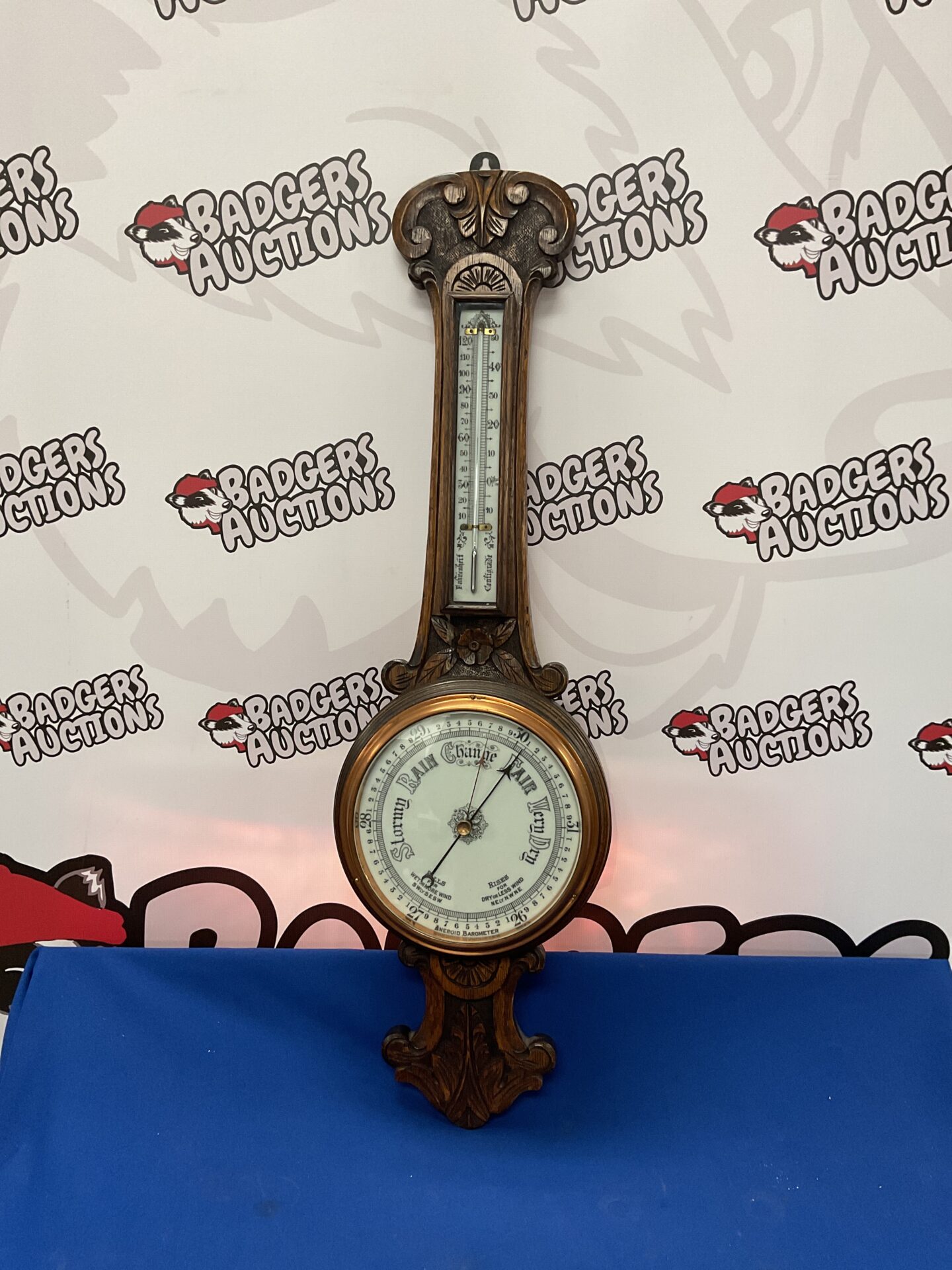 806 early 20th century carved oak aneroid barometer with mercury 1910c working