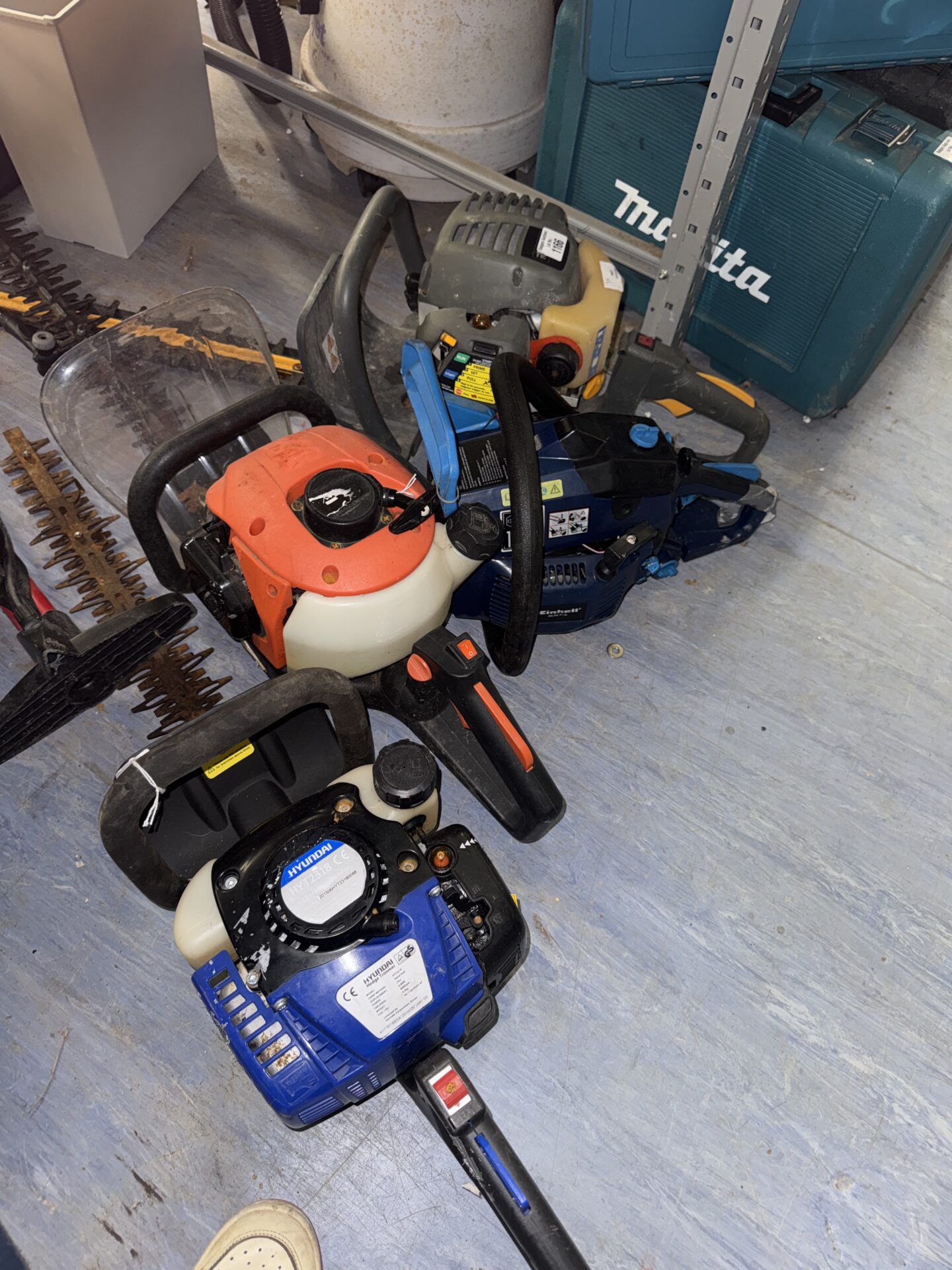 1166 Three petrol hedge cutters inc Hyundai with an Einhell chainsaw engine – untested