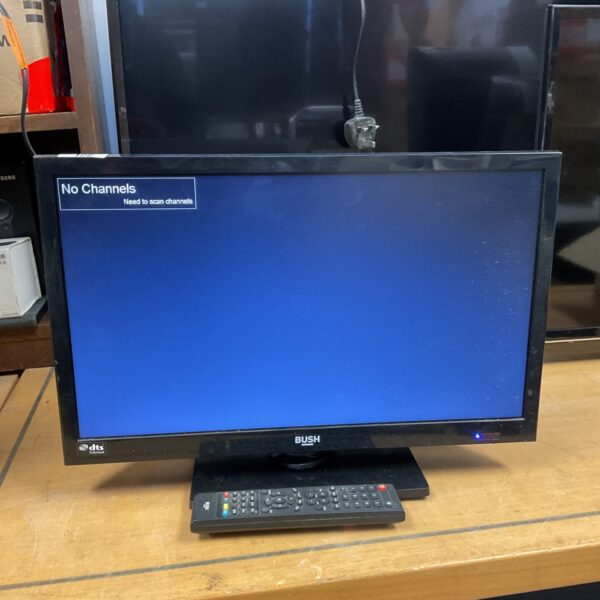 Front view of a Bush 19" LED television with remote control.