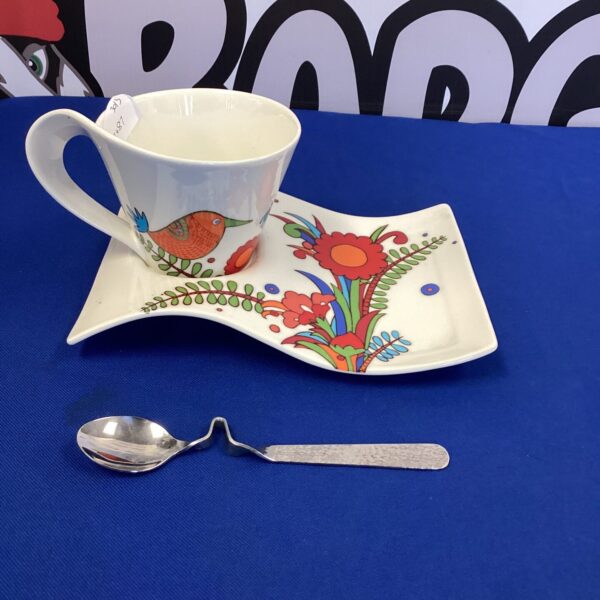 Villeroy & Boch New Wave coffee cup and spoon with floral design.