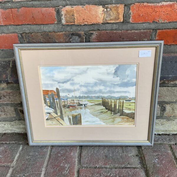 Mary Macdermott watercolour painting of Bosham harbour quayside scene.