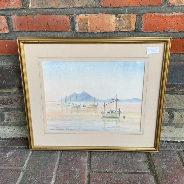 “Dawson Reflections Puerto Pollenca” watercolour painting of fishing boats.