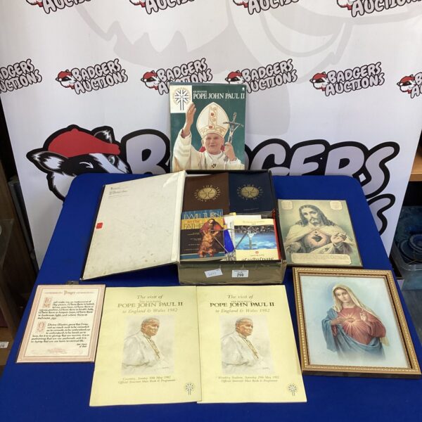 Collection of vintage religious books and ephemera, including Pope John Paul II items.
