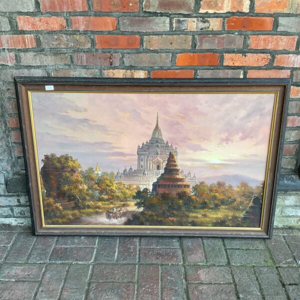 Vintage Saw Hlaing temple painting with a vibrant landscape.