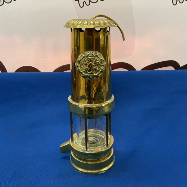Antique brass Welsh miners lamp, decorative collectible.