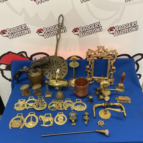 Vintage brassware lot with blowtorch and copper tankard.
