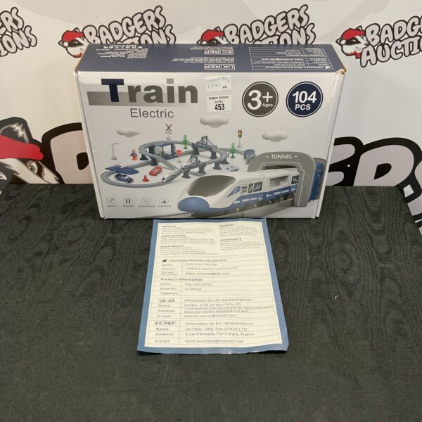 Front view of boxed electric train set with colourful design.