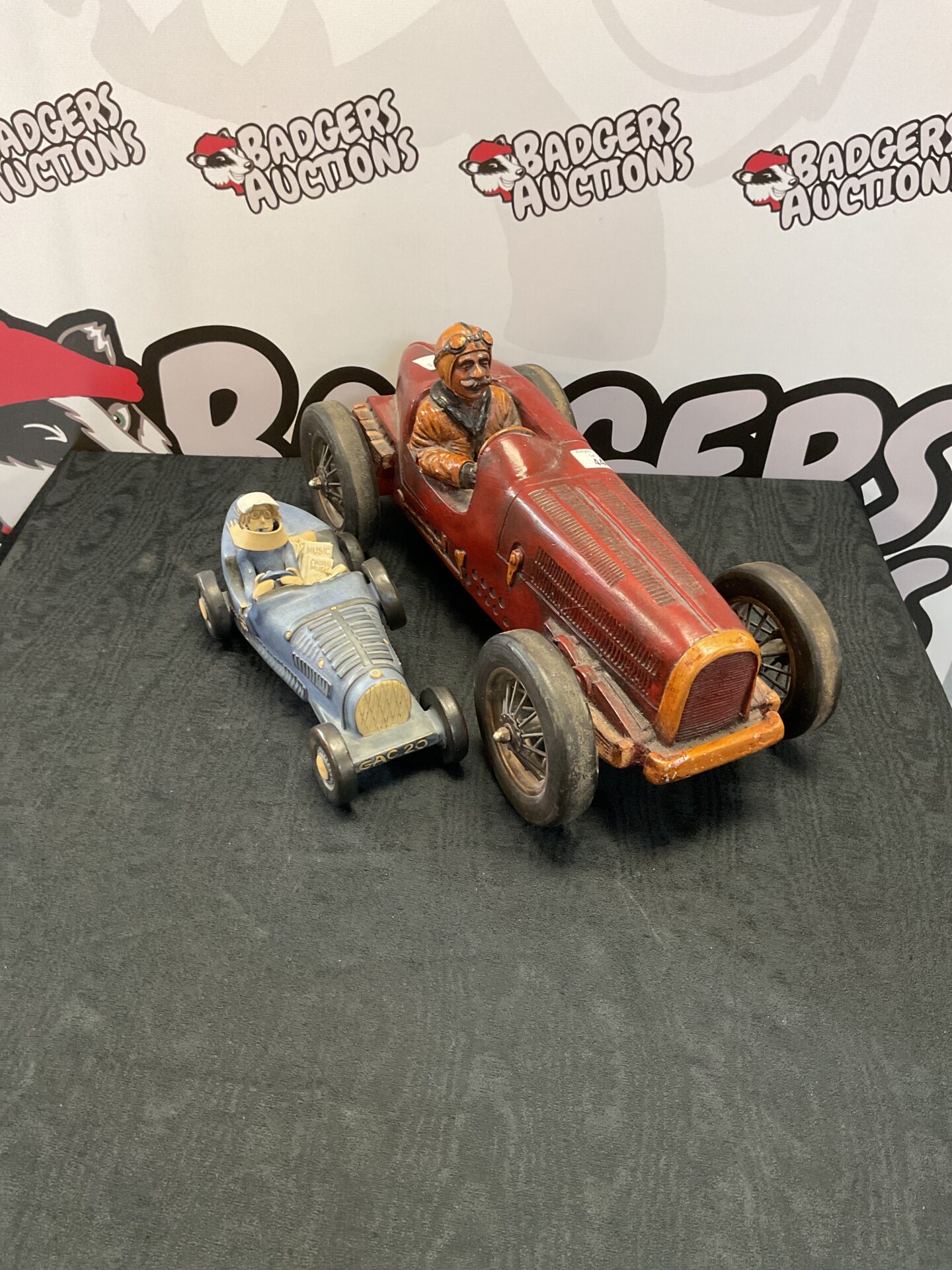 444 Vintage Handmade stoneware pottery ann and jhon farquharson 1926 bugatti pottery model and Vintage Large fibreglass bugatti model (small chip)