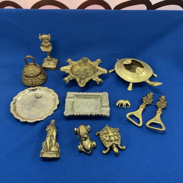 Vintage brassware lot featuring turtle ashtray and Lincolnshire Imp.