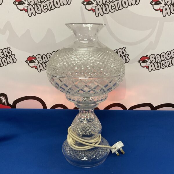 Large vintage Irish crystal table lamp with intricate cuts.