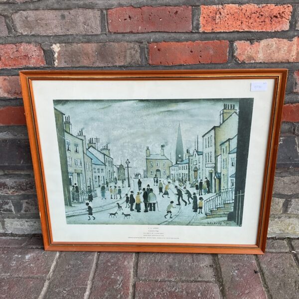 Vintage LS Lowry style print of a Lancashire village scene.