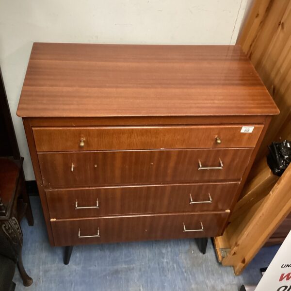 Vintage Lebus walnut cabinet with four drawers, mid-century modern style.