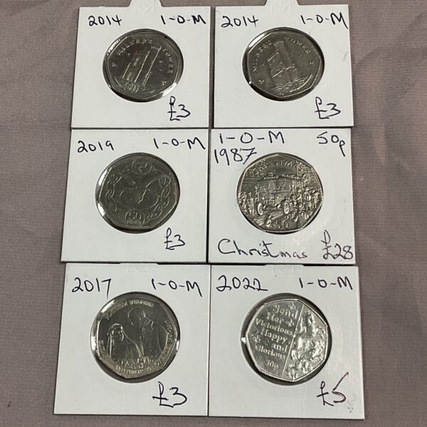 Lot of six Isle of Man 50p commemorative coins for collectors.