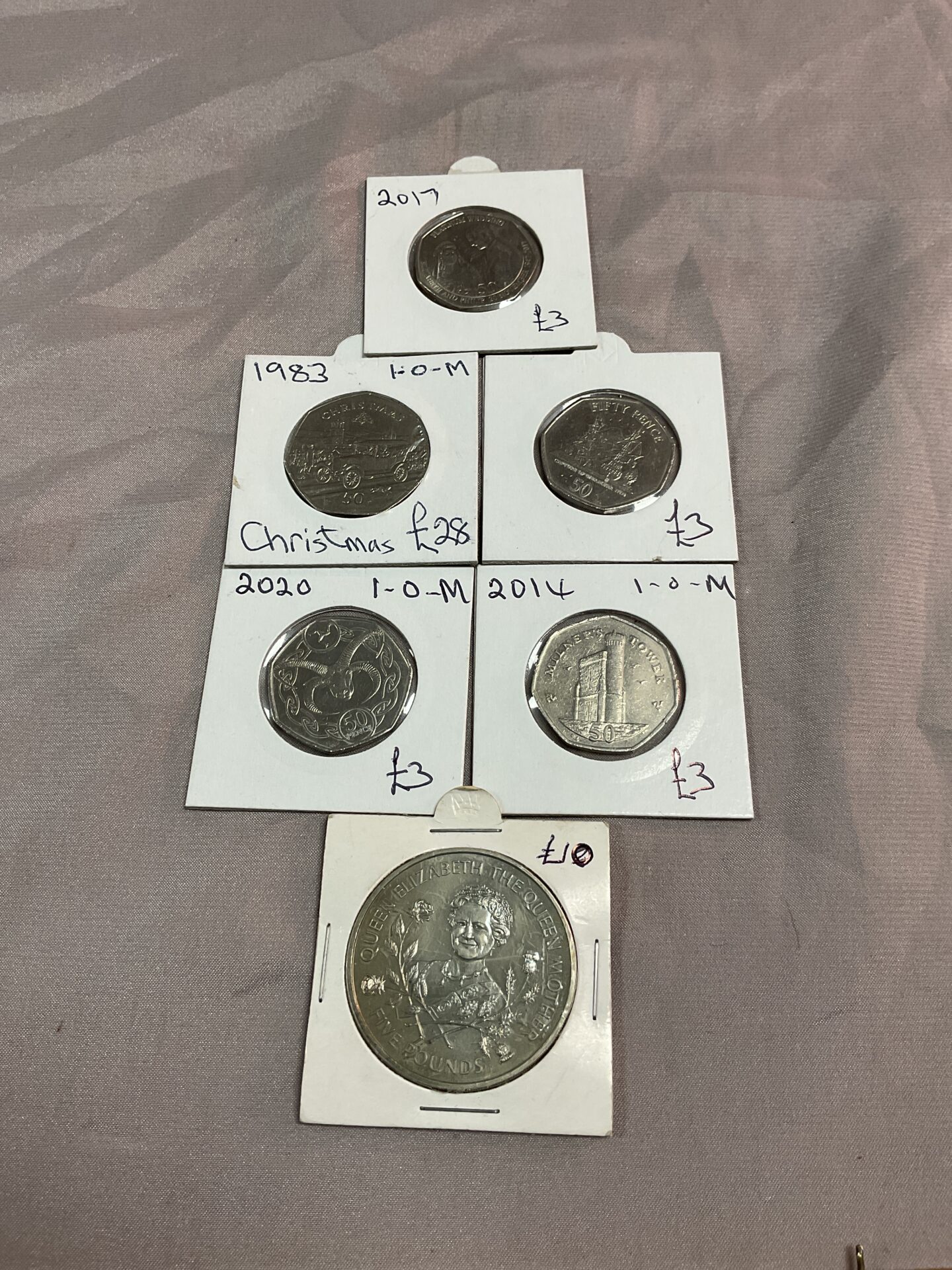 835 five IOM 50p commemoratve coins and £5 Guernsey coin