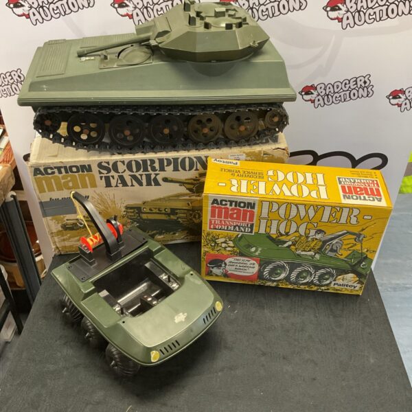 Vintage Action Man Scorpion Tank in original box, collectible toy.