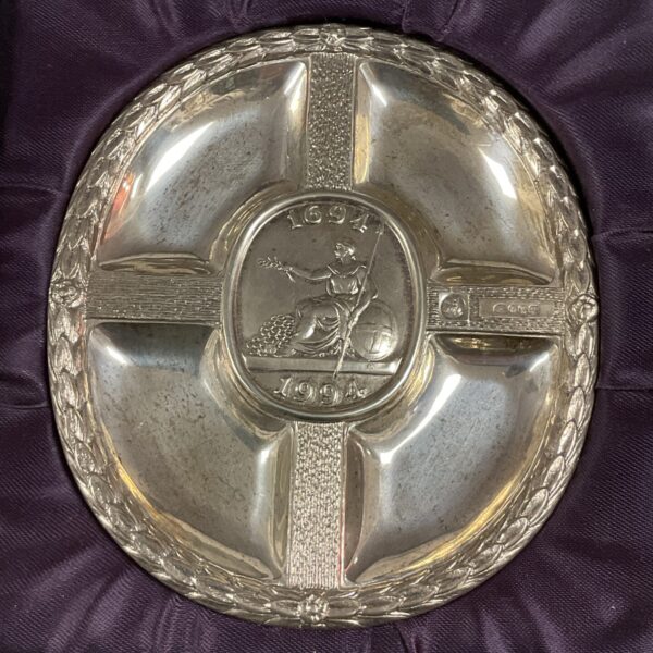 Silver Bank of England Britannia commemorative dish with laurel wreath.