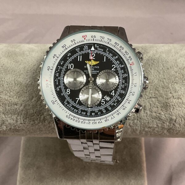 Stainless steel Breitling style quartz wristwatch with chronograph.