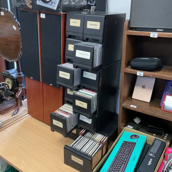 Vintage CD storage drawers for music collection.