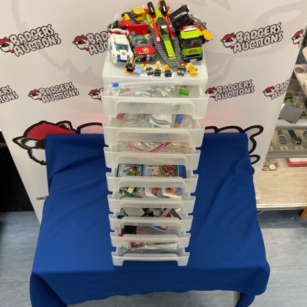 Lego mixed lot in 8-drawer storage crate.