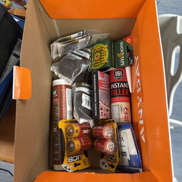 New hardware lot with duck tape and filler for DIY projects.