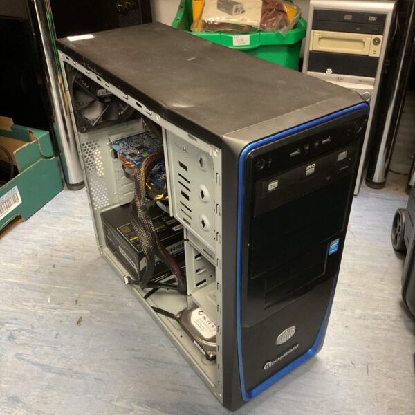 Black and blue Cooler Master gaming tower PC for sale.