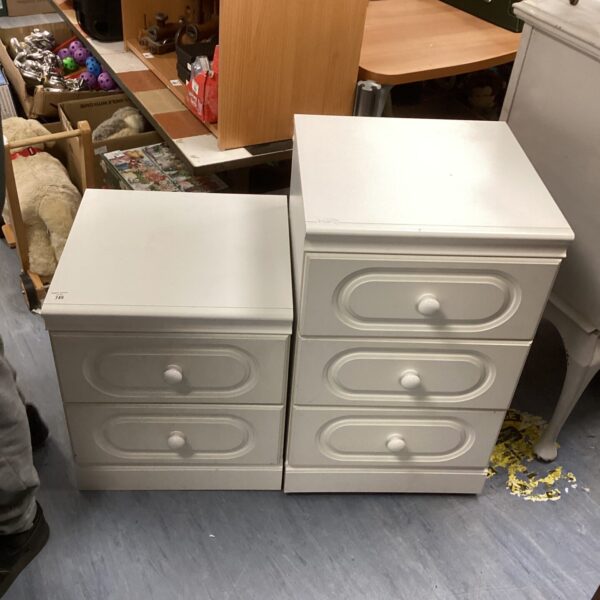 Two vintage painted bedside cabinets with a single drawer.